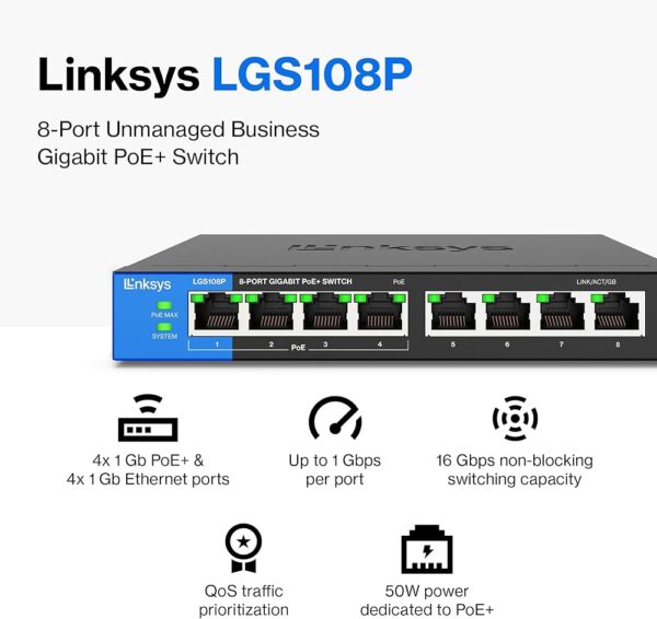 SWITCH 8 PUERTOS LINKSYS - NO ADMINISTRABLE (LGS108P) - Imagen 2